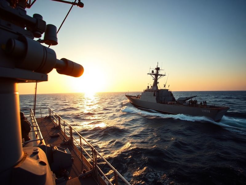 A U.S. Navy guided-missile destroyer at sea with a helicopter in flight, while a boarding team fast-ropes onto a vessel in th