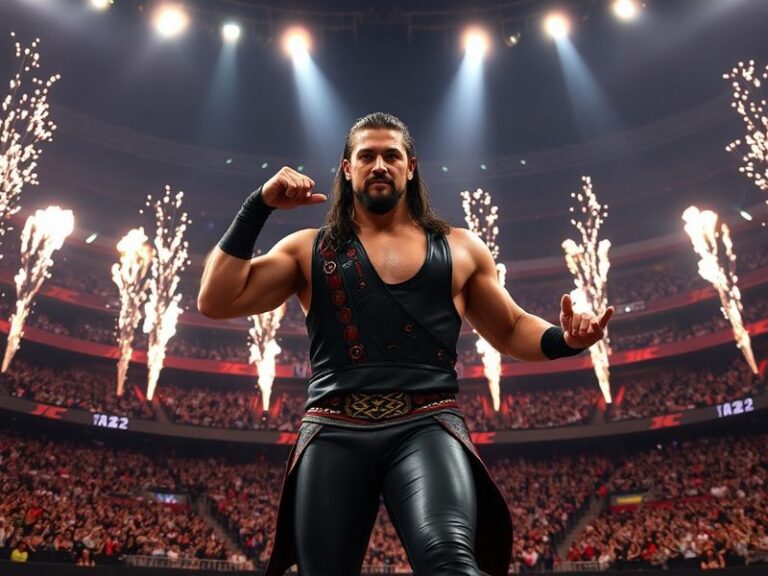 A vibrant shot of Roman Reigns raising the WWE Championship at WrestleMania 42 in front of a packed AT&T Stadium, with pyrote