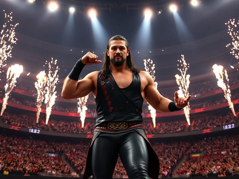 A vibrant shot of Roman Reigns raising the WWE Championship at WrestleMania 42 in front of a packed AT&T Stadium, with pyrote