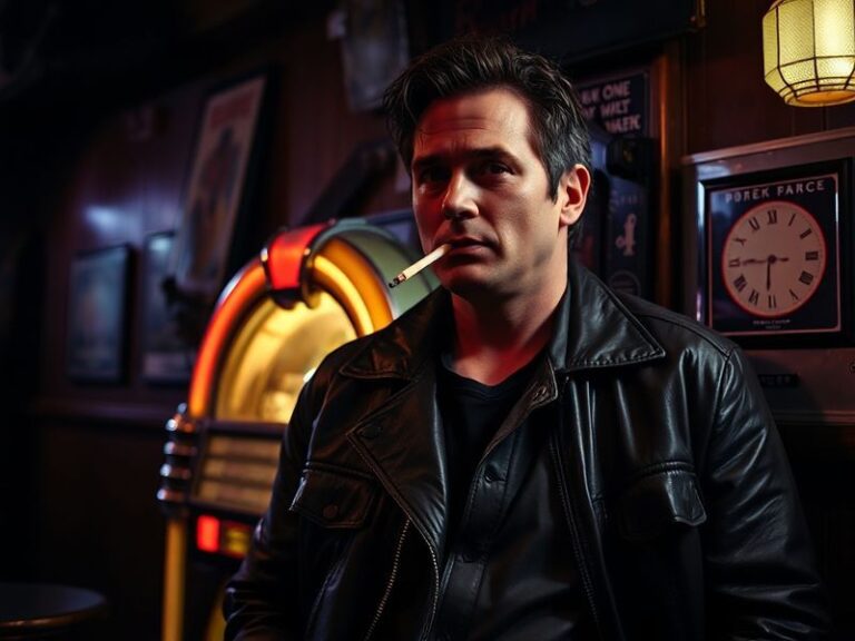 A mid-career portrait of Patrick Muldoon in a casual yet professional setting, possibly mid-1990s, wearing a leather jacket w