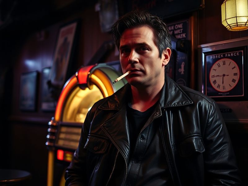 A mid-career portrait of Patrick Muldoon in a casual yet professional setting, possibly mid-1990s, wearing a leather jacket w