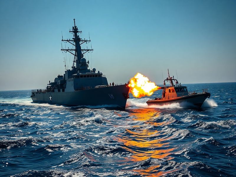 A guided-missile destroyer on calm waters with a small boat approaching an Iranian-flagged vessel in the background. The scen