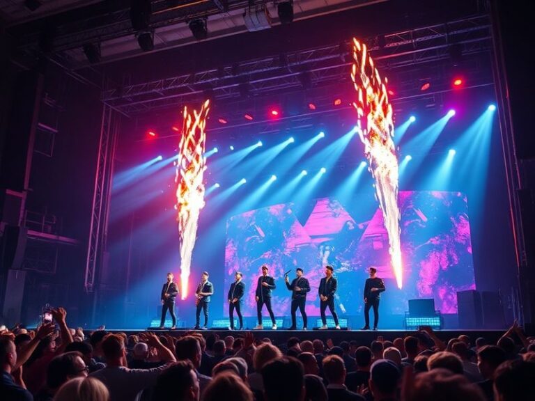 A vibrant concert stage with BigBang performing under a massive LED canopy, surrounded by AR visuals and a diverse audience h