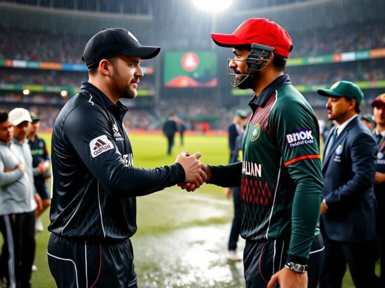 A vibrant cricket stadium filled with fans, featuring players from New Zealand and Bangladesh shaking hands before a match, w