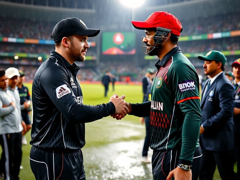 A vibrant cricket stadium filled with fans, featuring players from New Zealand and Bangladesh shaking hands before a match, w