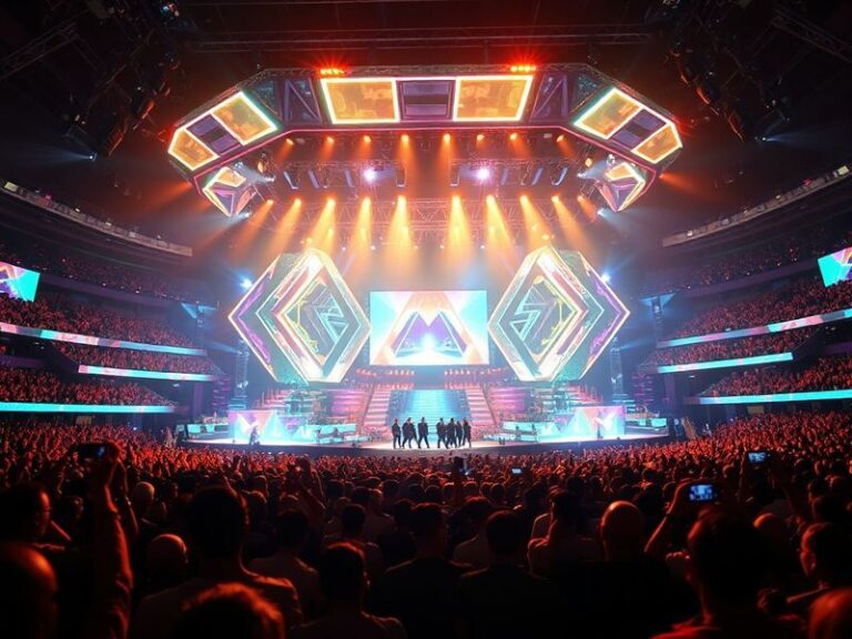 A vibrant concert stage with BigBang performing under AR projections, surrounded by a diverse, cheering crowd. The stage incl