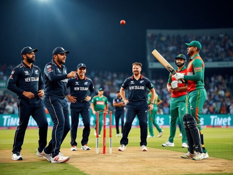 A vibrant cricket stadium with players from New Zealand and Bangladesh in action, showcasing the intensity of the match. The