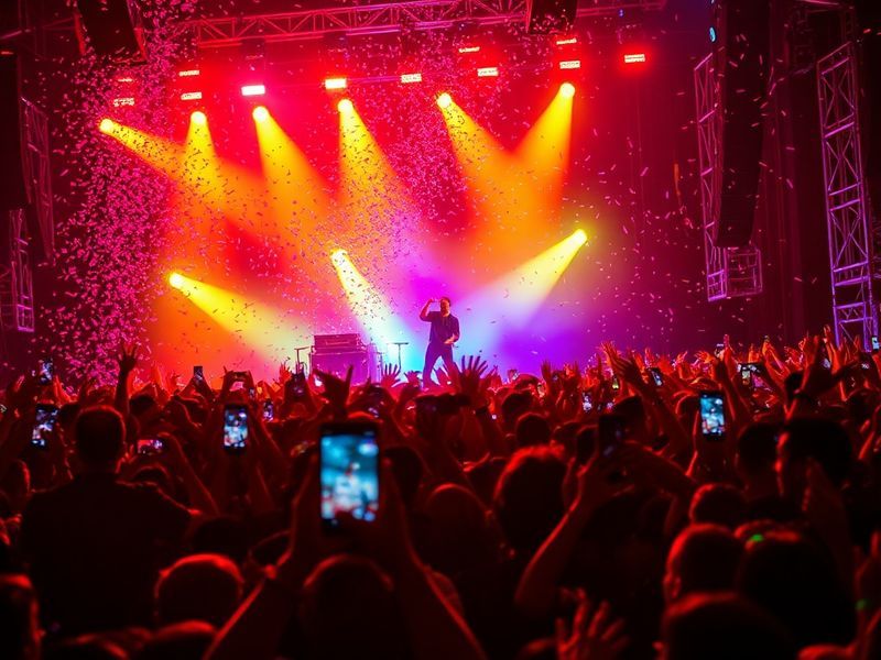 A vibrant concert scene featuring Karol G on stage, surrounded by dancers and neon lights, with a diverse crowd holding up ph