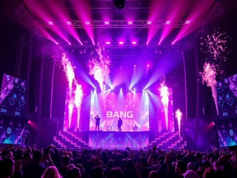 A vibrant stage set in a sold-out arena, bathed in neon lights with BigBang’s signature holographic projections. The crowd is