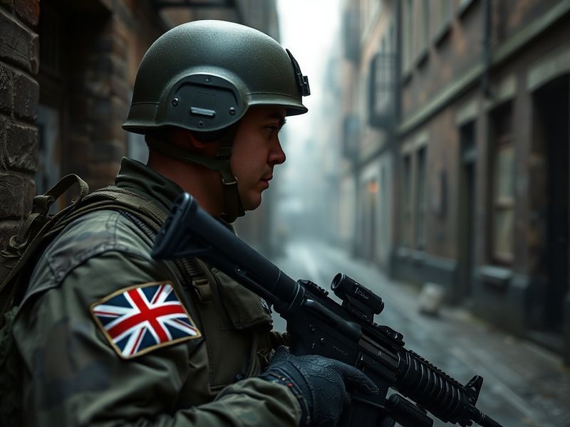 A dynamic scene featuring British soldiers in ceremonial uniforms marching alongside modern armored vehicles, set against a b