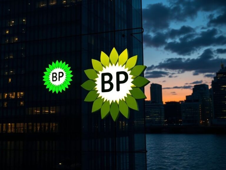 A digital stock trading screen displaying bp’s share price chart with oil rigs in the background, symbolizing energy sector i