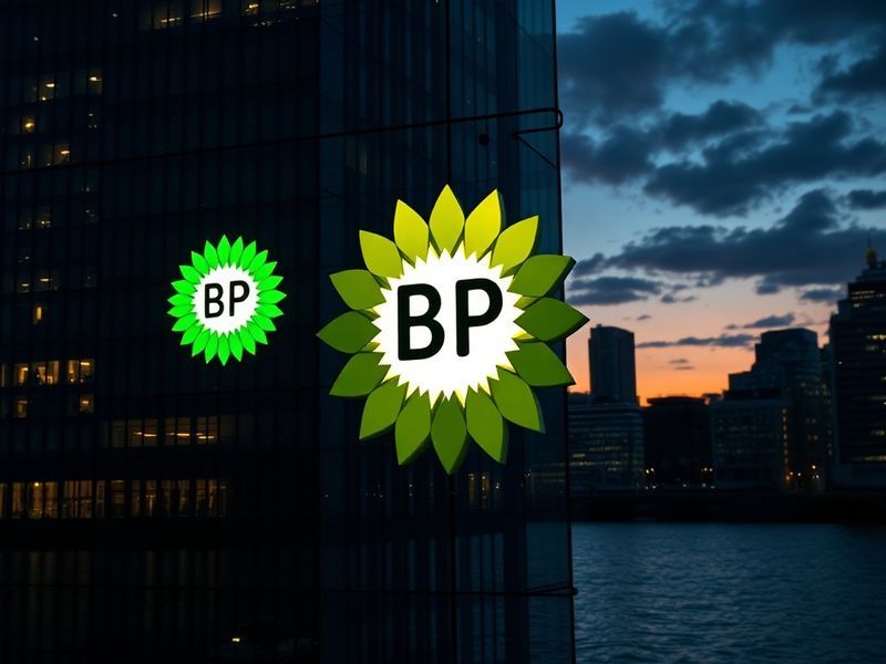 A digital stock trading screen displaying bp’s share price chart with oil rigs in the background, symbolizing energy sector i