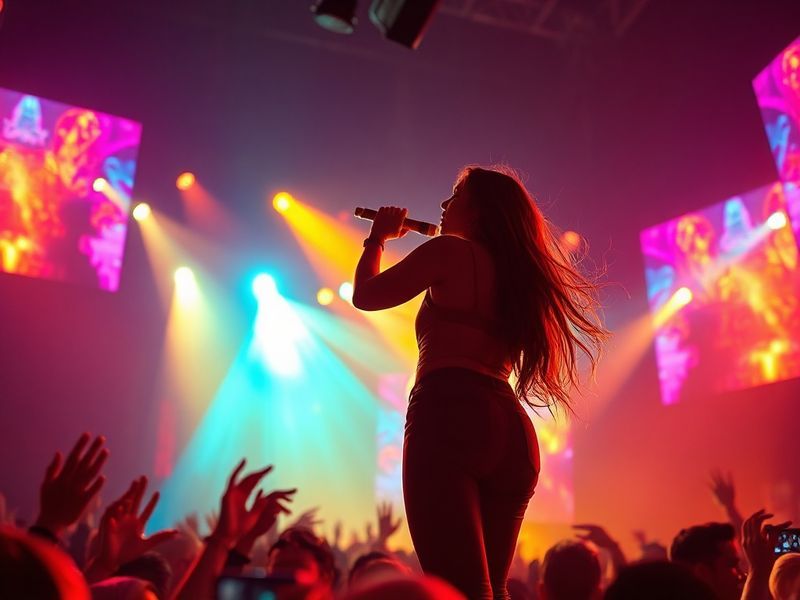 A vibrant concert scene featuring Karol G performing on a massive LED stage with neon lights, surrounded by a diverse crowd o