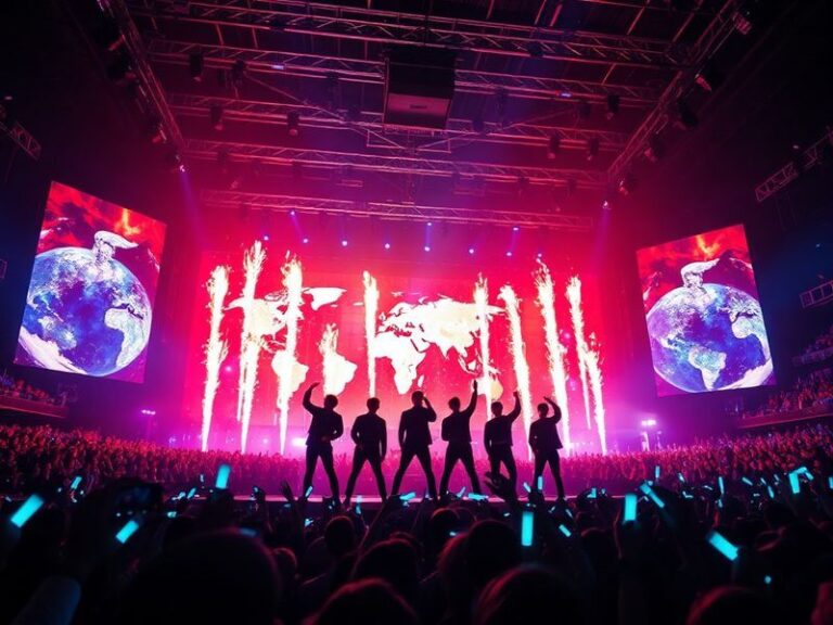 A vibrant concert stage with BigBang performing under neon lights, featuring holographic projections and a crowd of diverse f