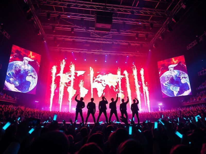 A vibrant concert stage with BigBang performing under neon lights, featuring holographic projections and a crowd of diverse f
