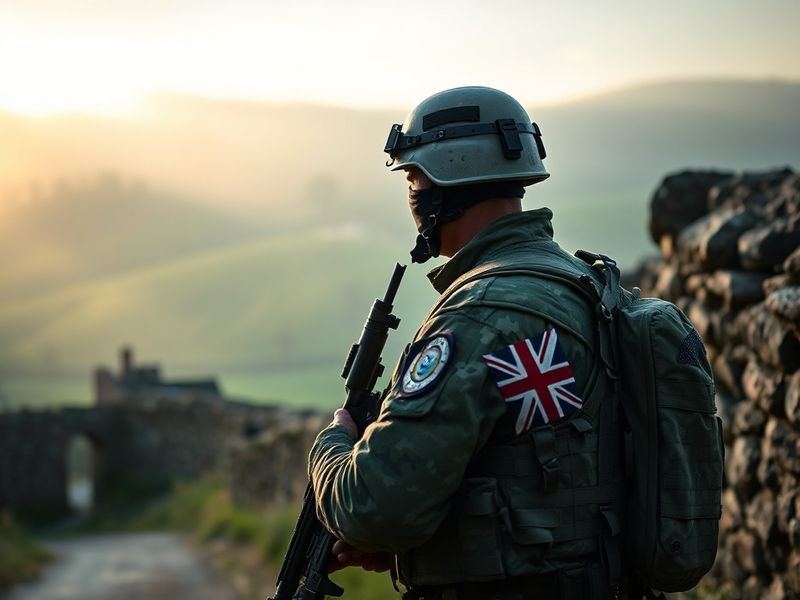 A British Army soldier in full combat gear stands in a training exercise, surrounded by armored vehicles and artillery. The s