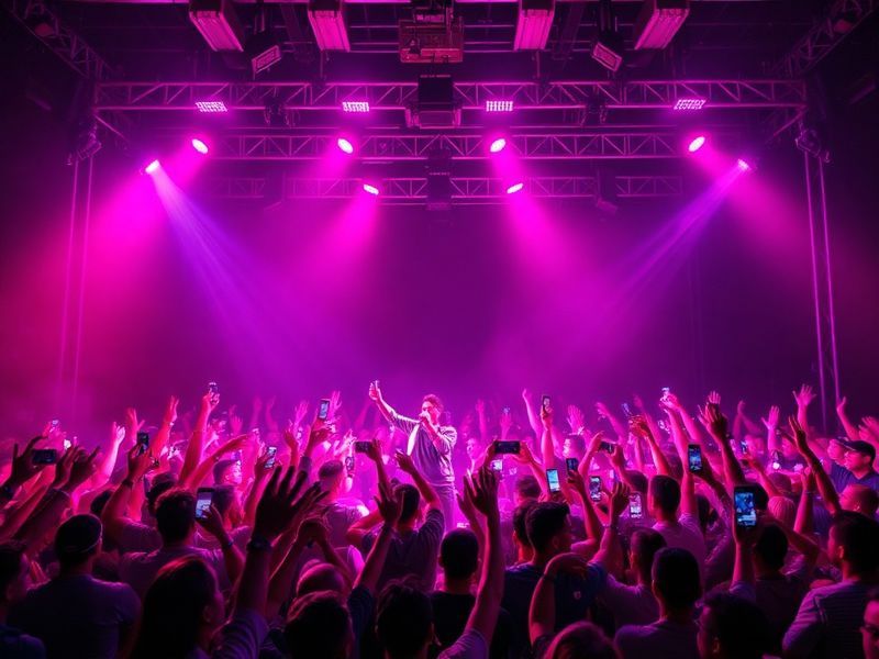 A vibrant concert scene featuring Karol G performing on stage with dynamic lighting, LED screens, and a crowd of enthusiastic