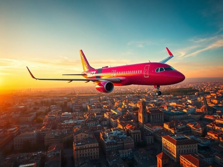 A Wizz Air aircraft taking off from a secondary airport in Europe, with a modern city skyline visible in the background. The