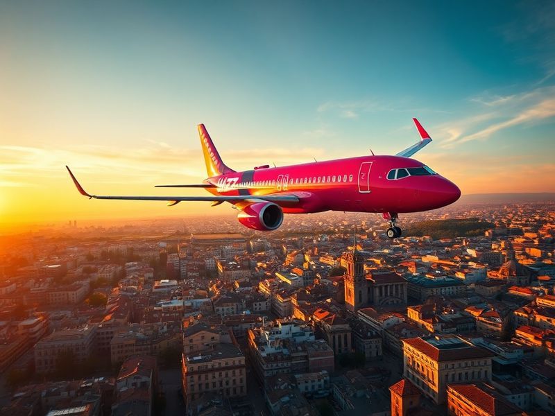 A Wizz Air aircraft taking off from a secondary airport in Europe, with a modern city skyline visible in the background. The