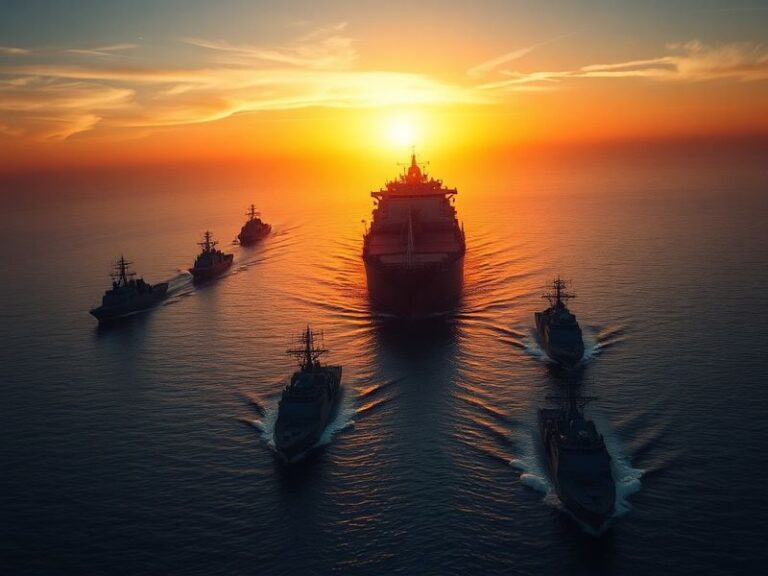 Aerial view of the Strait of Hormuz at dusk, showing oil tankers navigating the narrow waterway with military ships in the ba