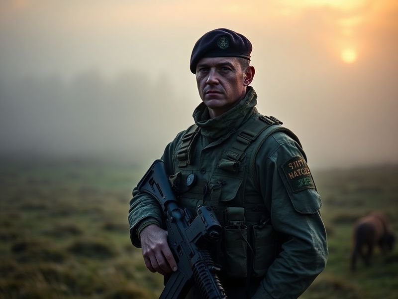 A dynamic photograph of British soldiers in modern combat gear patrolling a European urban environment, with a Challenger 2 t