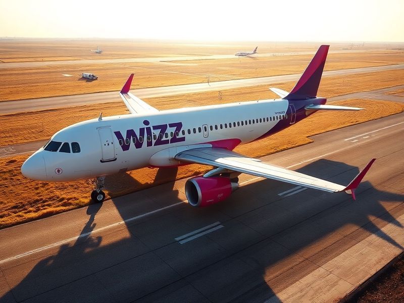 A busy Wizz Air Airbus A321neo aircraft parked at a secondary airport in Europe, with passengers boarding and a cloudy sky in