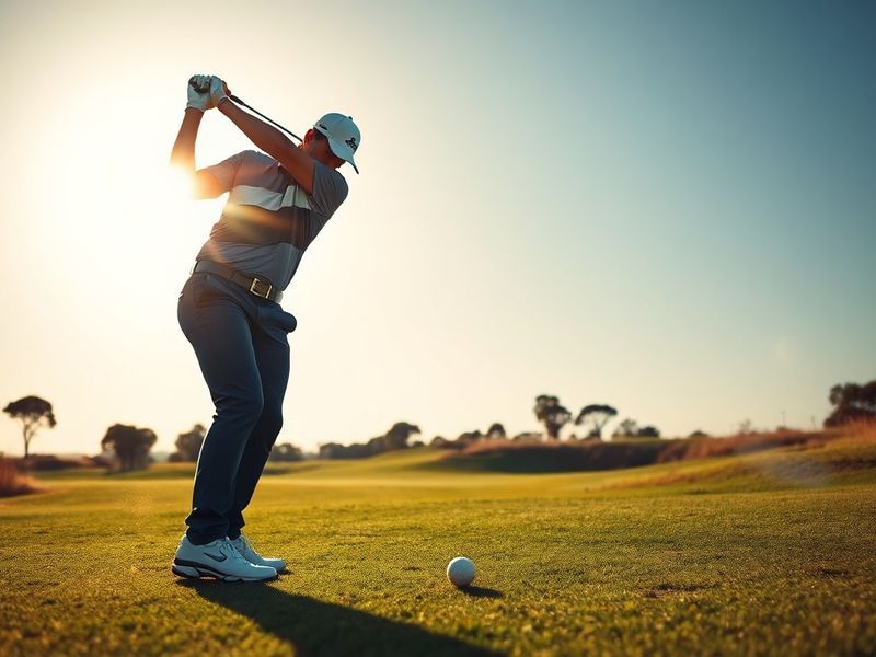 Collin Morikawa mid-swing on a misty Scottish links course, wearing a navy blue cap and TaylorMade gear, with the Old Course