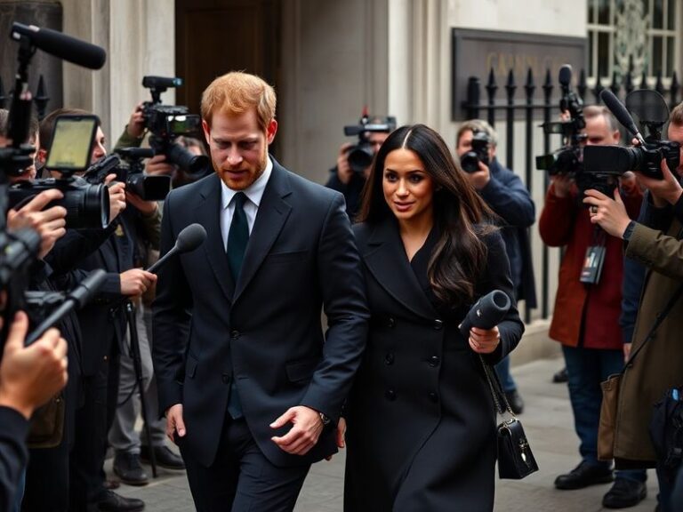 A split-image visual: on the left, Prince Harry and Meghan Markle in a formal royal portrait; on the right, a blurred tabloid
