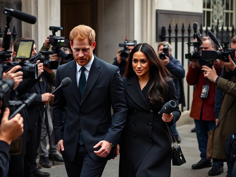 A split-image visual: on the left, Prince Harry and Meghan Markle in a formal royal portrait; on the right, a blurred tabloid