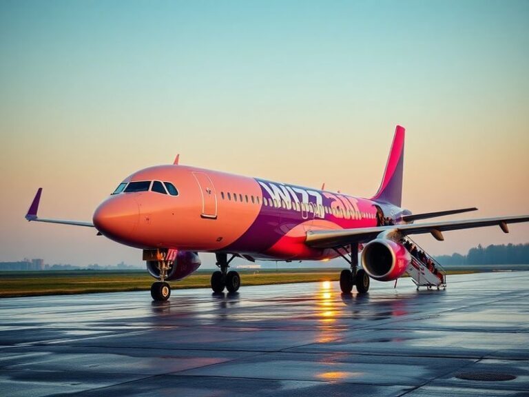A Wizz Air Airbus A321neo taking off from a regional airport at dusk, with a secondary airport terminal in the background. Th