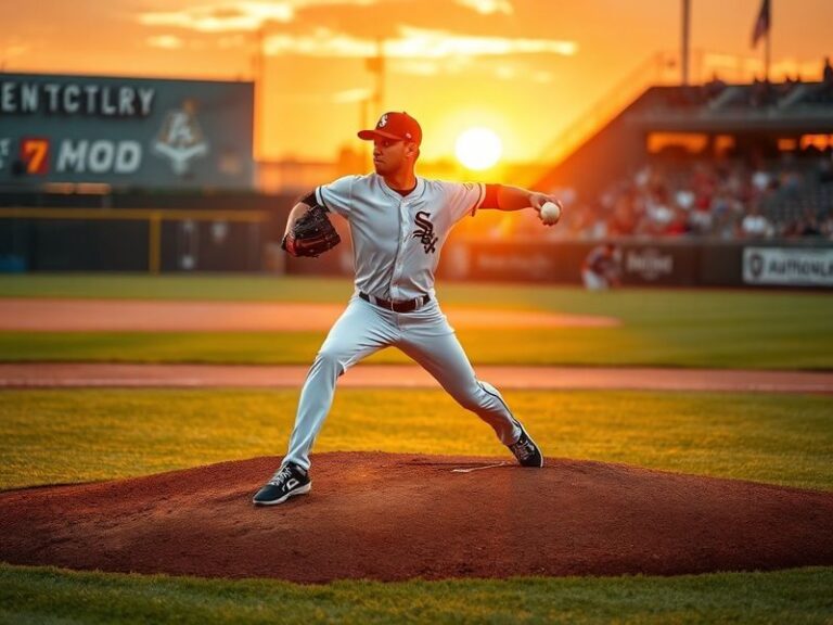 A dynamic action shot of Garrett Crochet mid-pitch, wearing the Chicago White Sox uniform, with a blurred stadium background