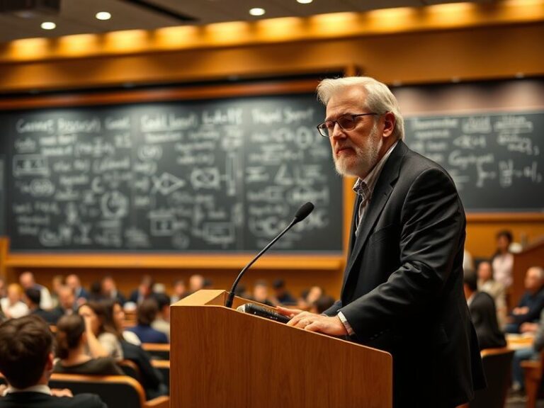 A portrait of David Gross in his office surrounded by physics equations and diagrams, with a Nobel Prize medal visible on the