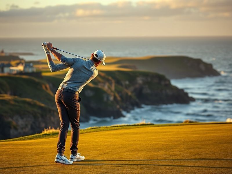 Collin Morikawa mid-swing on a sunlit golf course, wearing a blue cap and focused expression, with a background of palm trees