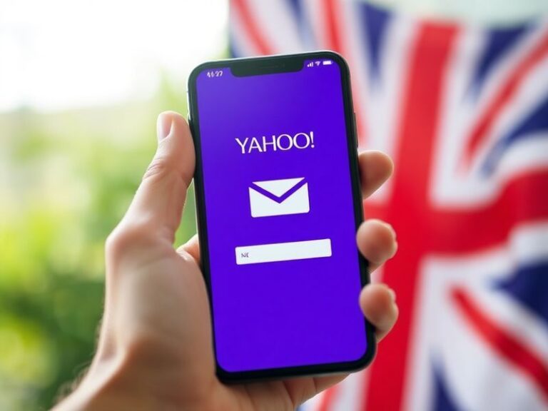 A split-screen image showing the Yahoo Mail UK interface on a desktop and mobile device, with a British flag subtly integrate