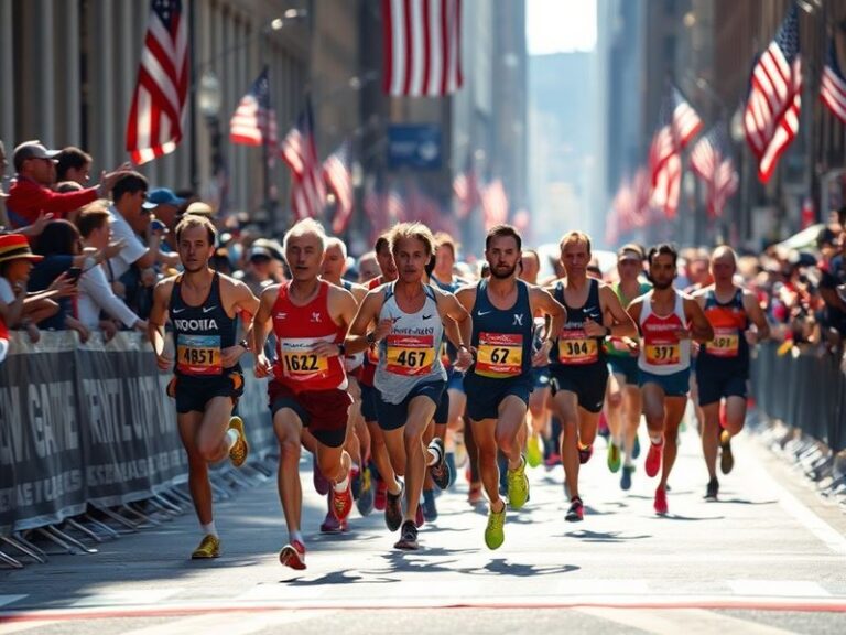 A vibrant scene of the Boston Marathon with runners approaching the finish line on Boylston Street, surrounded by cheering sp