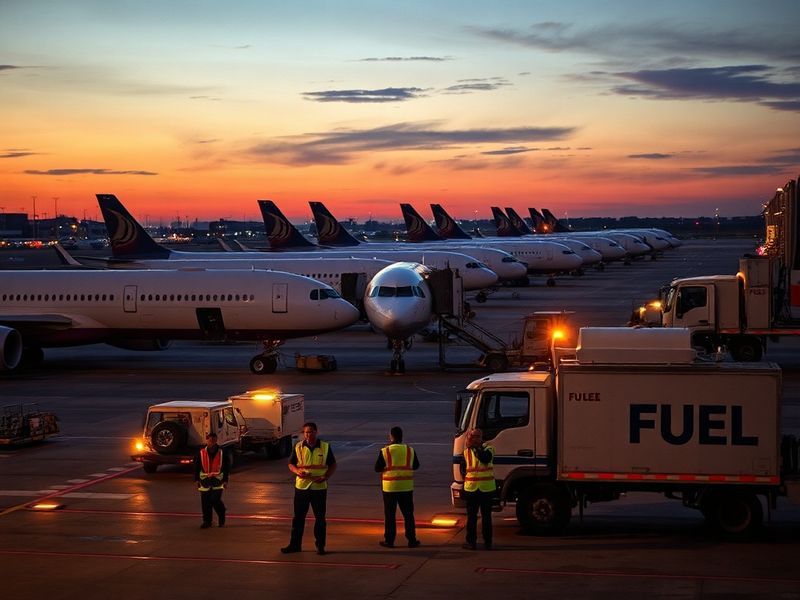 A busy airport tarmac with grounded planes and fuel trucks, highlighting the strain on aviation infrastructure. The scene is