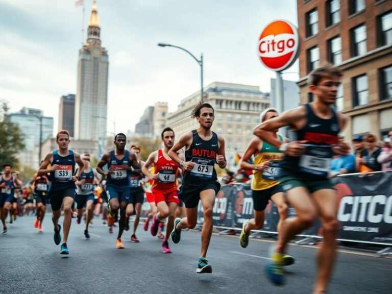 A vibrant image of the Boston Marathon with runners approaching the finish line on Boylston Street, surrounded by cheering sp