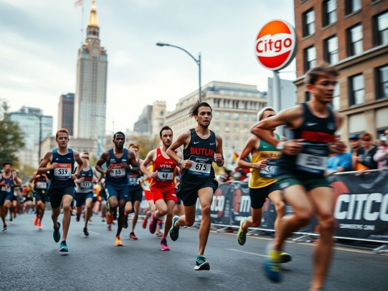 A vibrant image of the Boston Marathon with runners approaching the finish line on Boylston Street, surrounded by cheering sp