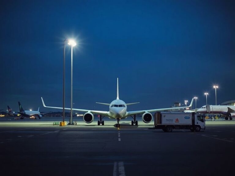 A crowded airport tarmac with grounded planes and high fuel prices displayed on screens, symbolizing the jet fuel shortage. T