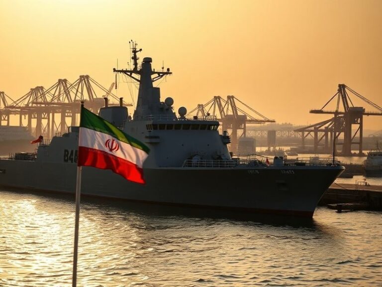 A cargo ship flying the Iranian flag sails through the Strait of Hormuz, with a backdrop of rugged mountains and a dhow boat