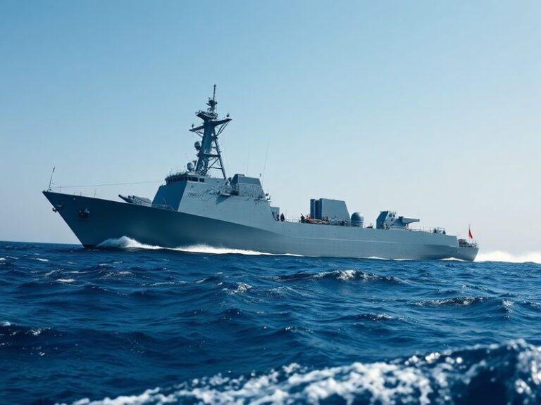 Aerial view of a naval ship intercepting an Iranian-flagged vessel in the Arabian Sea, with a tense but controlled atmosphere