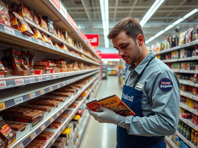 A close-up of a B&M Home Bargains store shelf with chocolate bars, some of which are being removed for recall. The image show