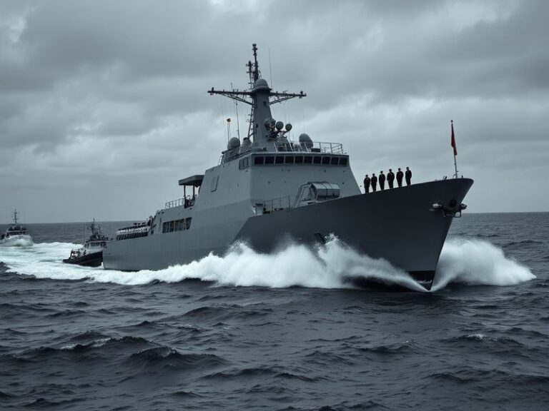 A modern Iranian frigate patrolling the Persian Gulf with a backdrop of oil tankers and a hazy coastline, conveying both mili