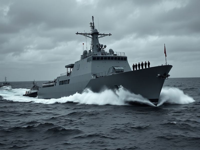 A modern Iranian frigate patrolling the Persian Gulf with a backdrop of oil tankers and a hazy coastline, conveying both mili