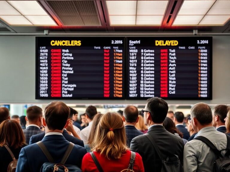 A busy airport terminal with passengers waiting at a departure gate, some looking at departure boards showing delayed flights