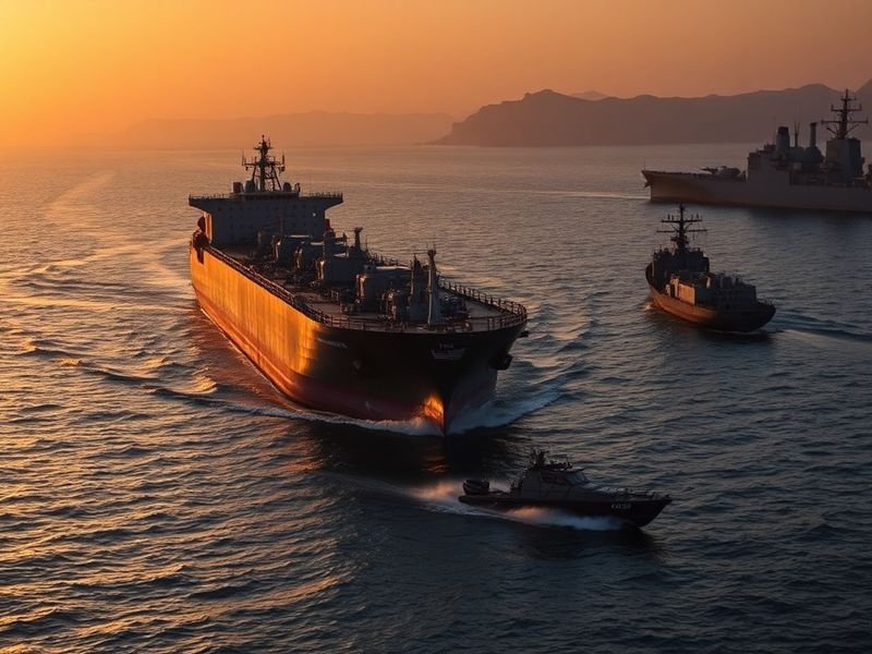Aerial view of the Strait of Hormuz at dusk, showing tankers and cargo ships navigating the narrow waterway, with the Iranian