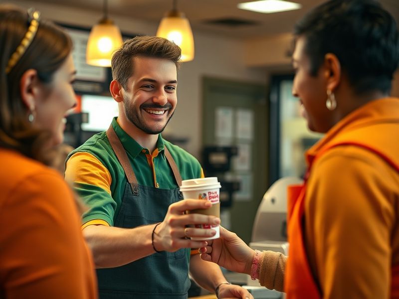 A vibrant scene of a Dunkin' storefront on Free Coffee Day, with a long line of customers holding cups, bright autumn lightin