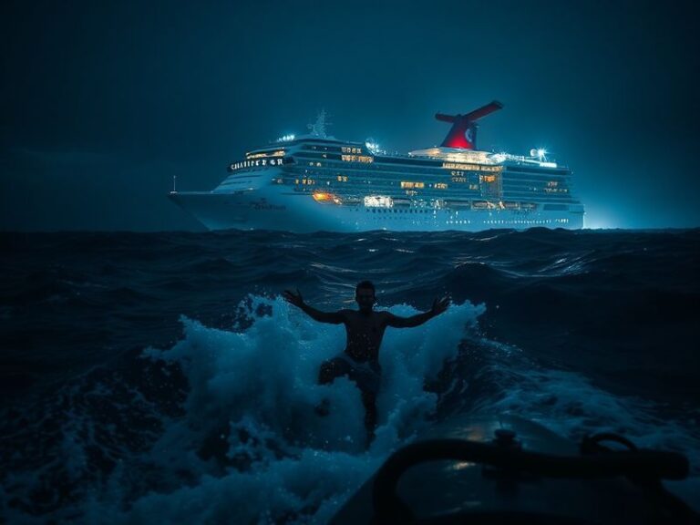 A dramatic nighttime scene of a cruise ship search operation, with rescue boats scanning dark waters under floodlights, while