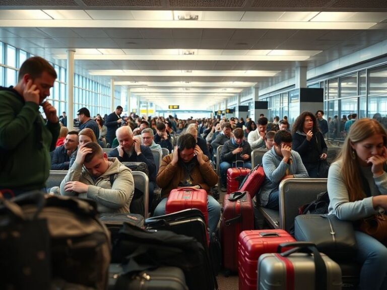 A busy airport terminal with delayed flight boards displaying cancellations and long queues at check-in counters. The scene i