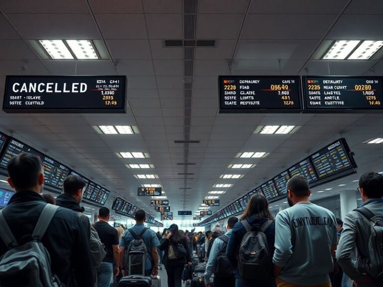 A bustling airport terminal with grounded planes and frustrated passengers, captured in a moody, cinematic style with dark sk